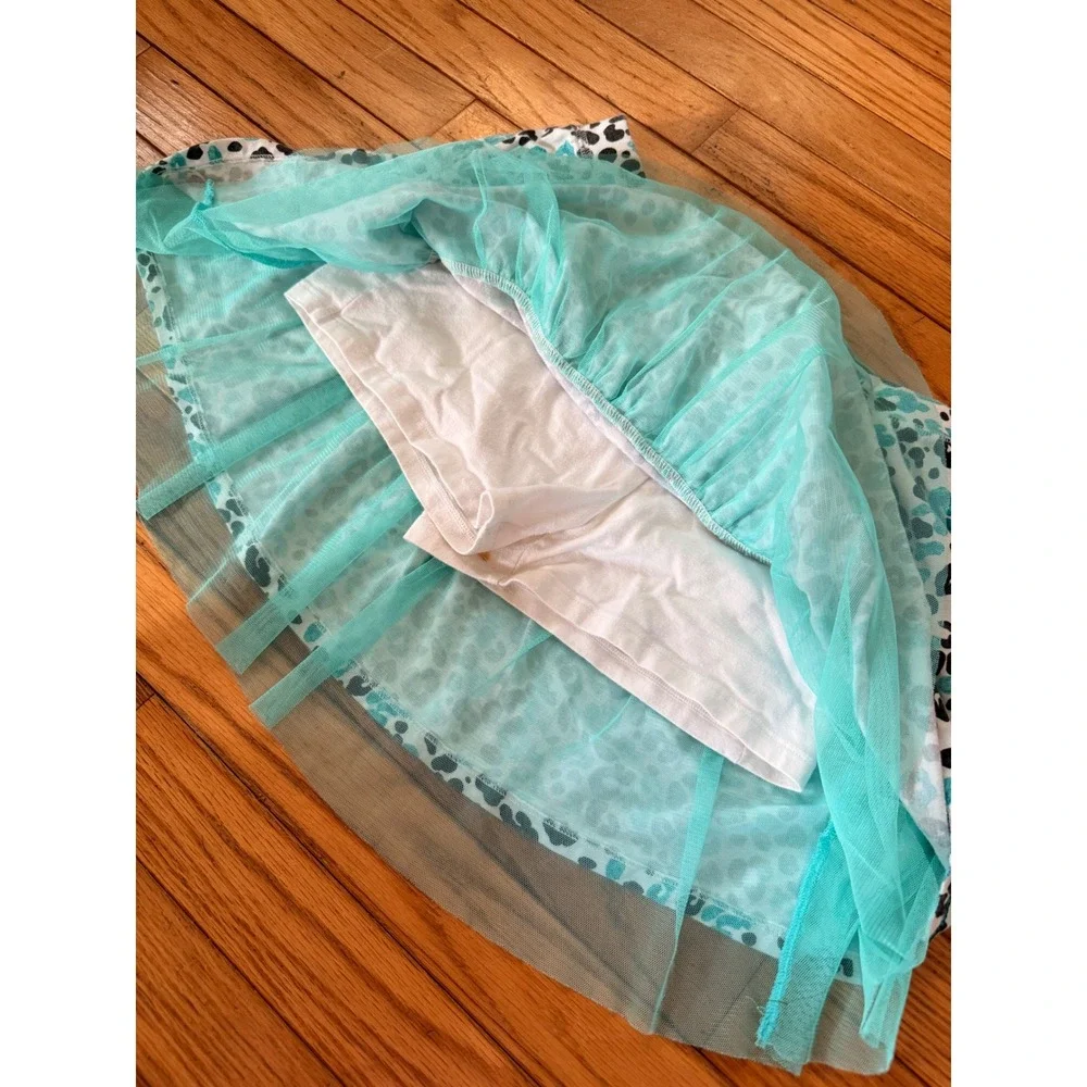 Y2K Mcbling Justice Girls Teal Leopard Print Skort with Tulle Trim and Sequins
